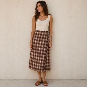 Daniel Hechter Plaid Fringe Wrap Midi Skirt, Brown/Beige, Wool Blend, Size 6 (S)